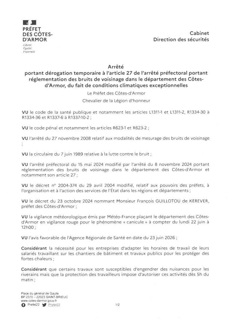 Arrêté dérogation réglementation bruits de voisinage