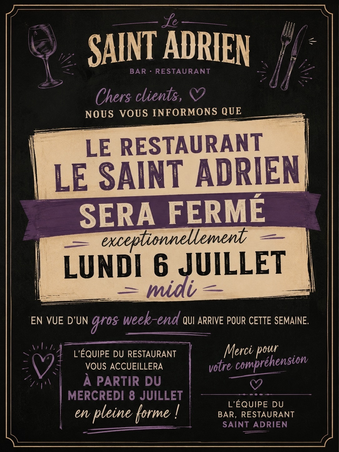 Fermeture Exceptionnelle du Saint Adrien 06 juillet midi
