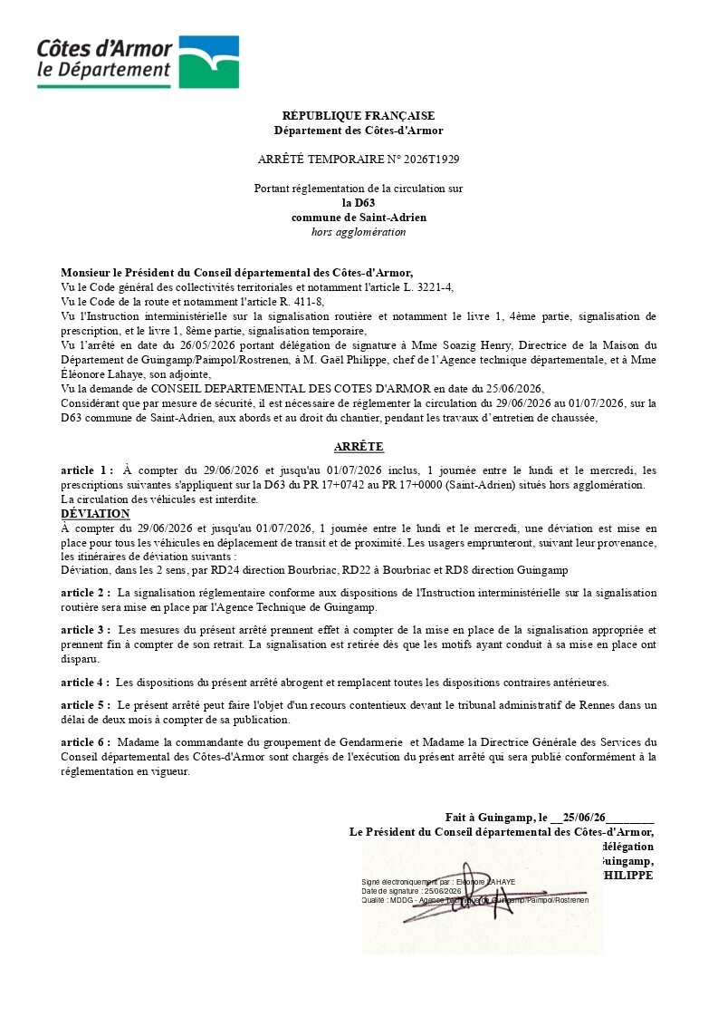 interdiction circulation sur la D63, du 29 juin 2026 au 1er juillet 2026 1